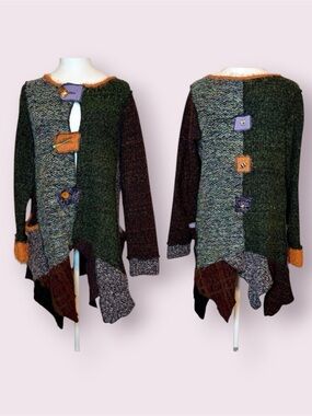 Hand Jive Boho Cardigan Sweater Tunic Patchwork Art To Wear Oversized Size XS